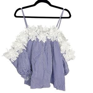 New JJs Fairyland S Blue White Striped Floral Applique Off The Shoulder Blouse